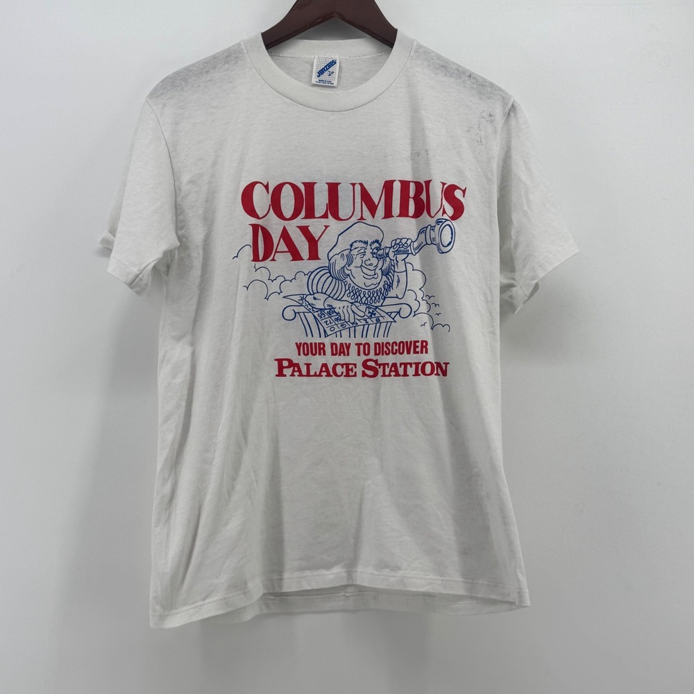 Vintage Jerzees Palace Station Las Vegas Columbus Day T-Shirt White Large USA‎